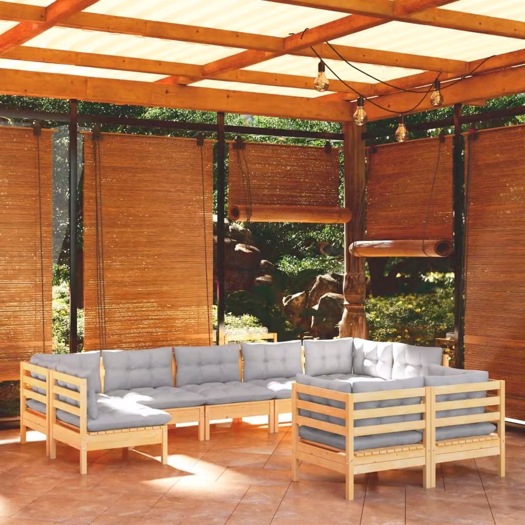 The Living Store Set da 9 pezzi per salotto da giardino con cuscini grigi in legno di pino massiccio
