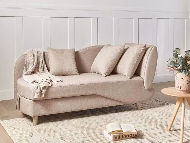 Divano angolare con chaise longue a destra BELIANI in tessuto beige e marrone con contenitore e funzione letto, stile scandinavo per il tuo soggiorno, L/P/H: 235 x 155 x 76 cm – 1