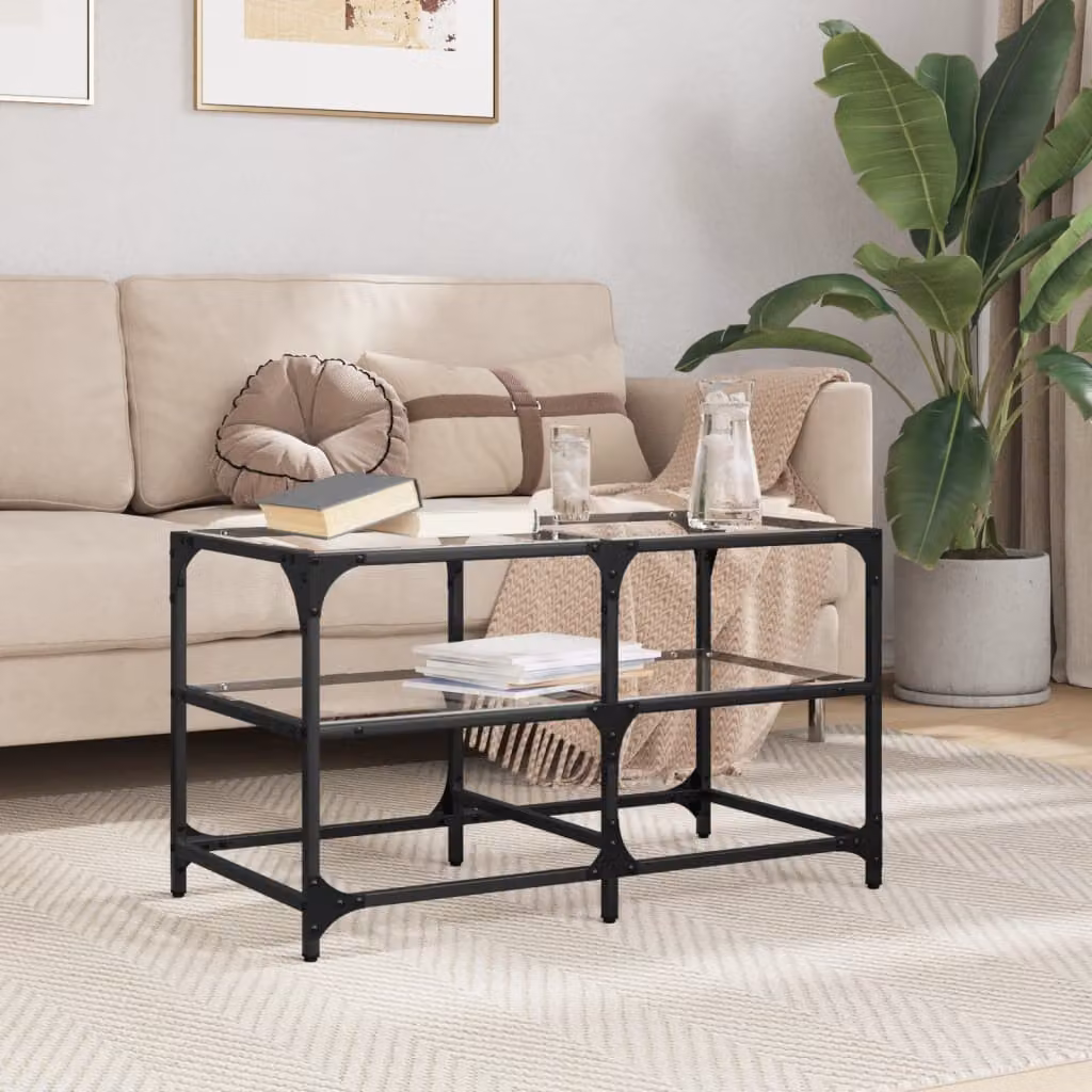 Set di 2 tavolini vidaXL con piano in vetro trasparente e struttura in metallo nero, L 78,5 x P 40 x H 45 cm