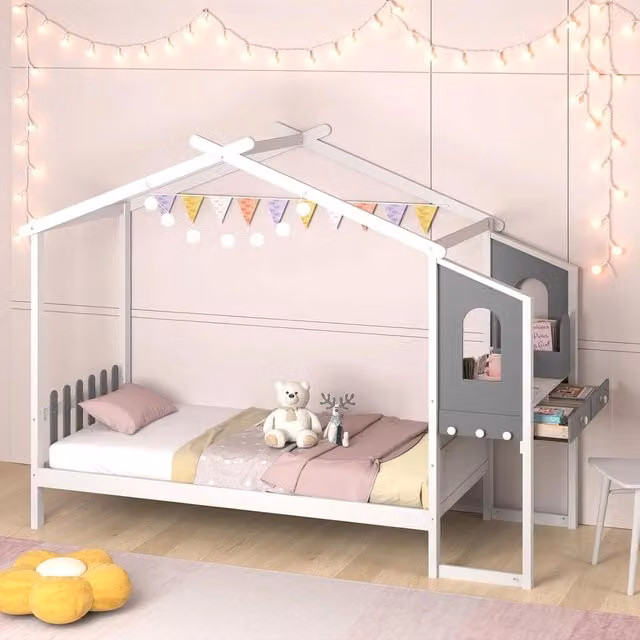 Letto Singolo con Scrivania Costway in Legno e MDF con Cassetti e Testiera a Staccionata, Bianco e Grigio, L/P: 90 x 200 cm