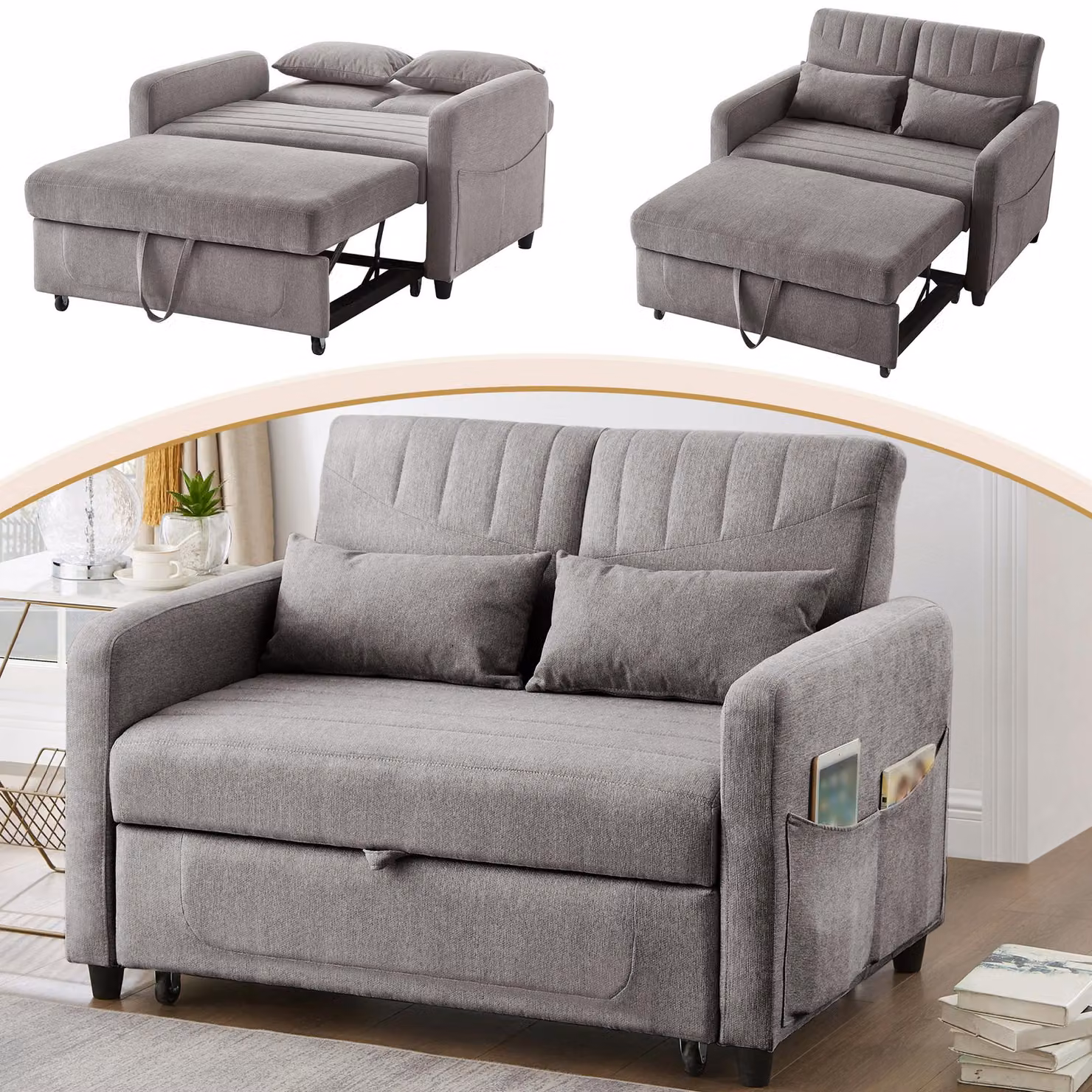 Divano pieghevole a due posti ZR Home moderno in cotone e lino Grigio L: 114 cm, P: 77 cm, H: 82,5 cm – 2