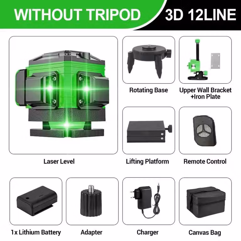 Livella laser - 4D - 12 linee - Linee laser verdi - Autolivellante - 360° orizzontale e verticale - Batteria inclusa