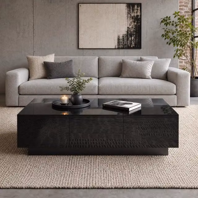 Tavolino basso fisso con piano scorrevole e 2 cassetti in truciolare nero parzialmente lucido 100 × 31 × 50 cm