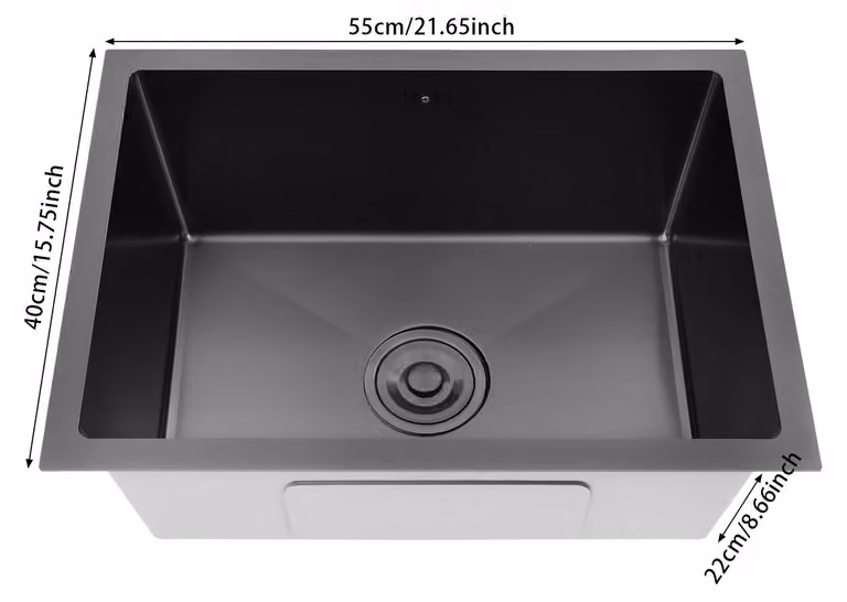 Lavello da cucina, acciaio inossidabile, design con un solo vano, colore nero, dimensioni 55x40 cm