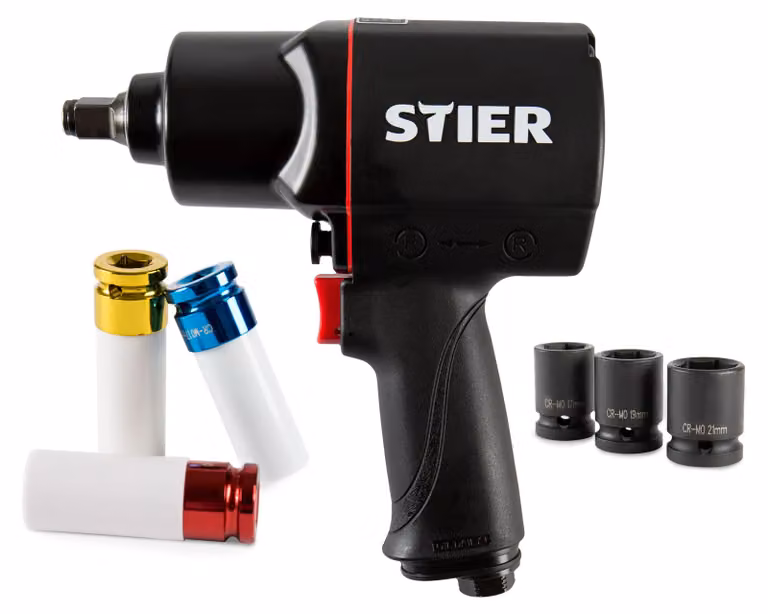 Avvitatore ad impulsi ad aria compressa STIER 17-BBS, set di 8 pezzi, coppia massima di allentamento 1.756 Nm, presa di forza 1/2 pollice, presa 1/4 di pollice, 3 velocità impostabili