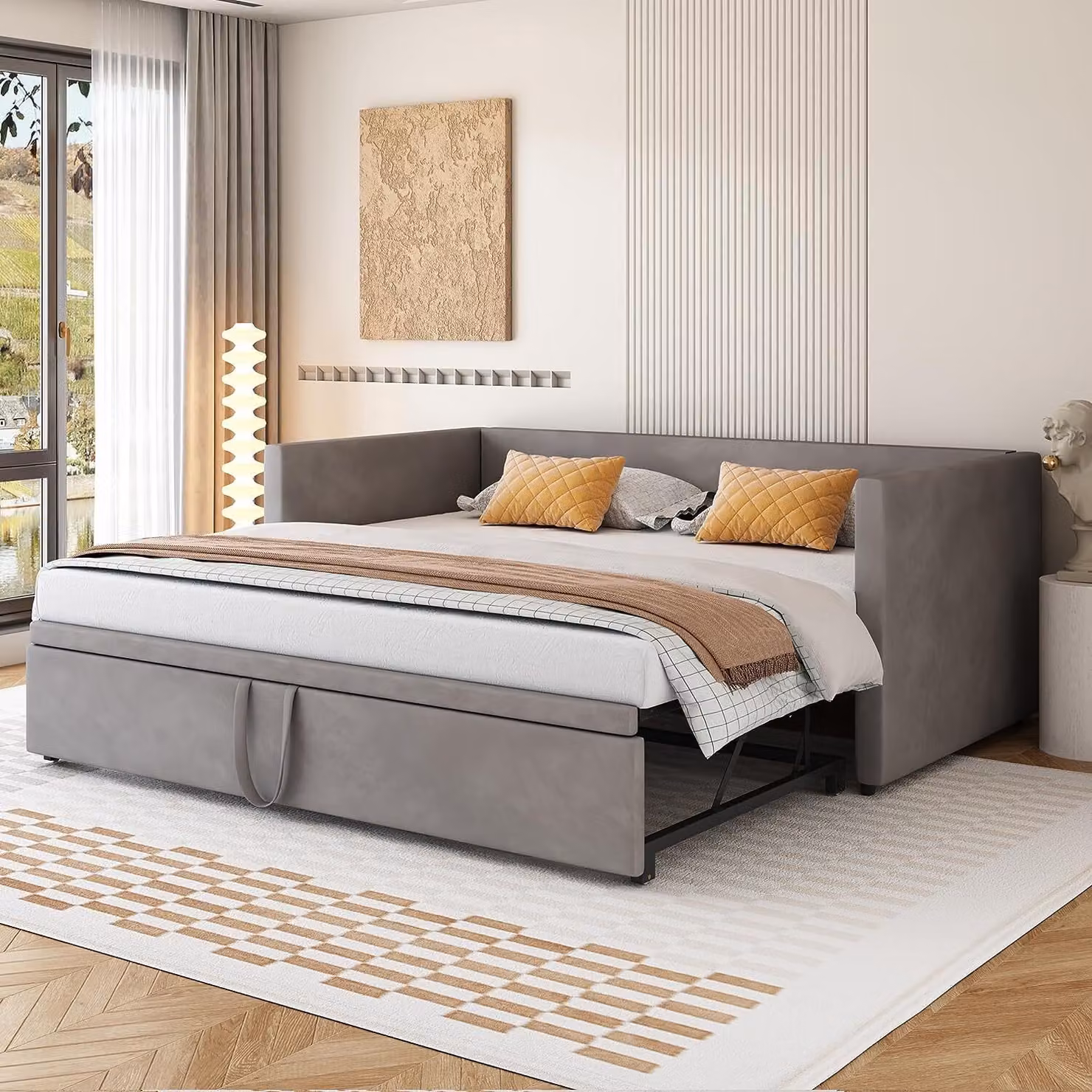Letto imbottito Divano letto allungabile 90/180 * 200 cm con rete a doghe, letto multifunzionale in tessuto vellutato delicato sulla pelle Grigio