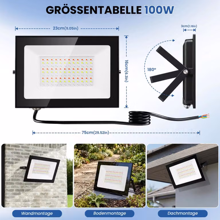 Fari a LED RGB per illuminazione esterna - 100 W - Confezione da 5 pezzi - 220–240 V - Grado di protezione IP66 - Multicolore - Con telecomando