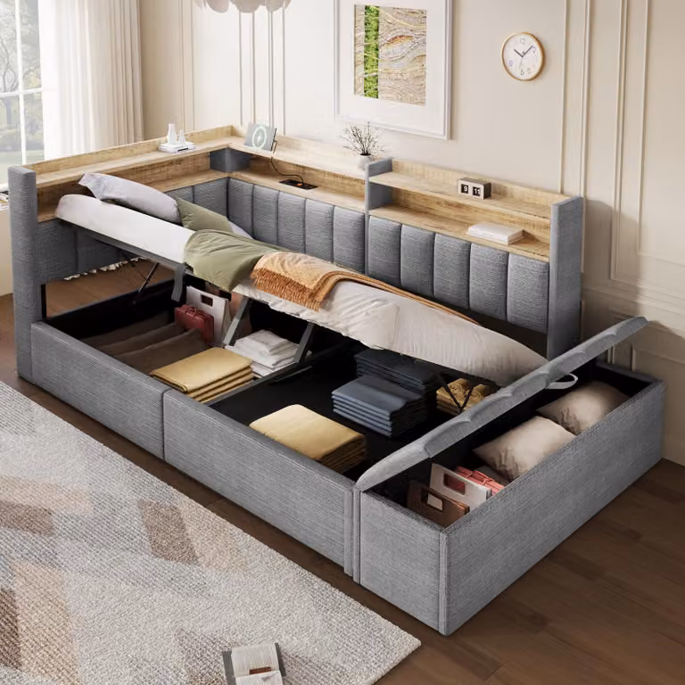 Divano letto Flieks 90x200 cm con poggiatesta, divano letto giornaliero con USB e LED, letto imbottito idraulico per ragazzi con spazio contenitivo, letto singolo in velluto, grigio
