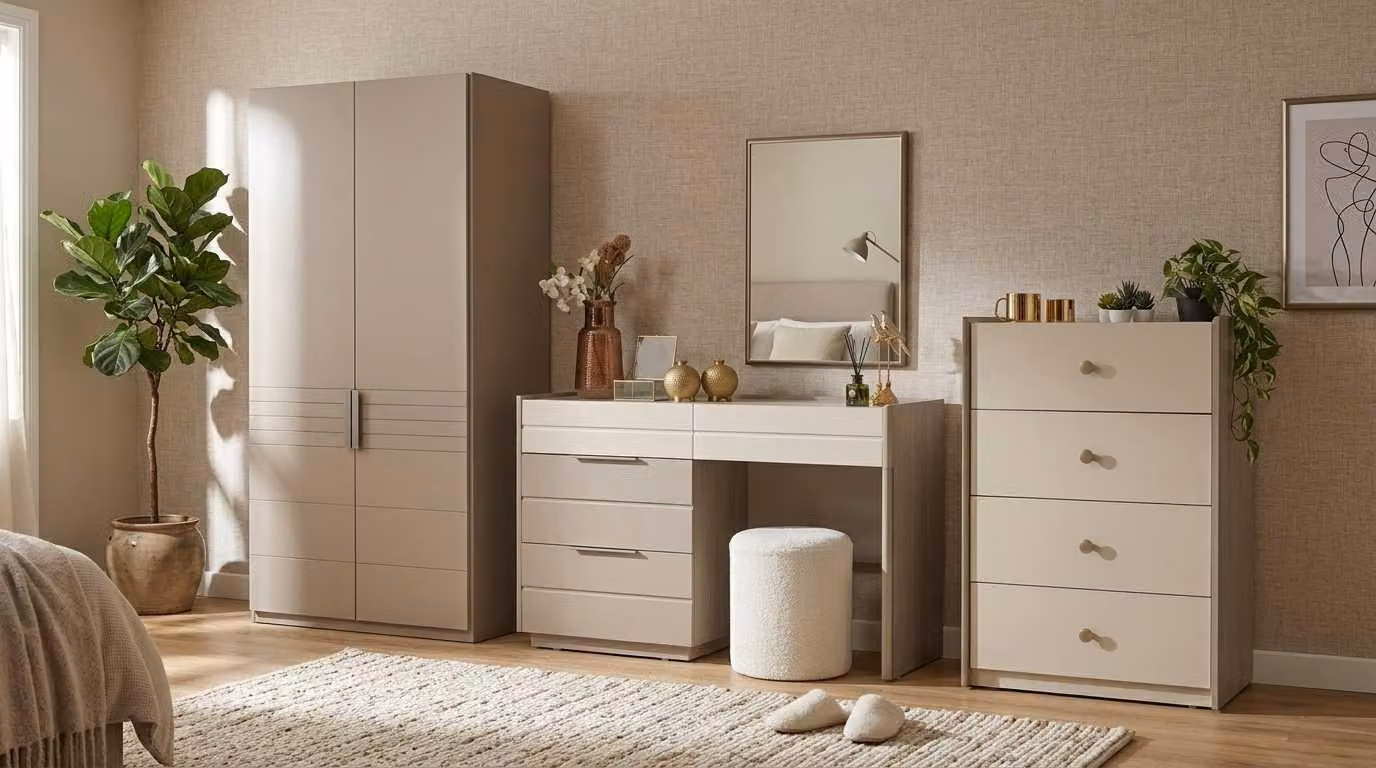 Set per camera da letto beige, moderno, composto da armadio, comò e tavolino da trucco