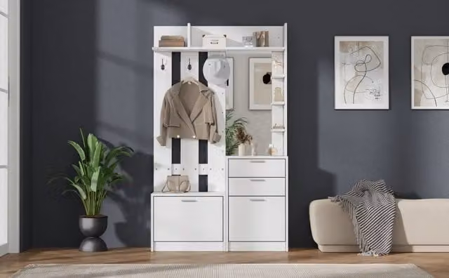 Mobile da ingresso con asta; specchio; 2 cassetti; 2 scarpiere a ribalta e 3 ganci; MDF; bianco; 110x34x185 cm
