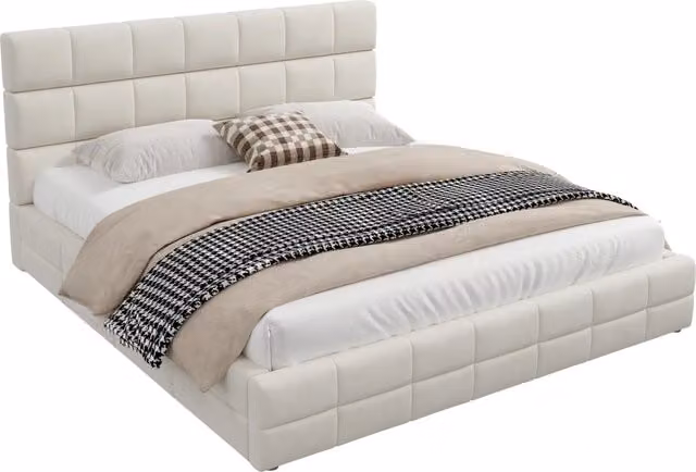 Letto matrimoniale imbottito in velluto beige L/P/H: 180 x 200 x 208 cm