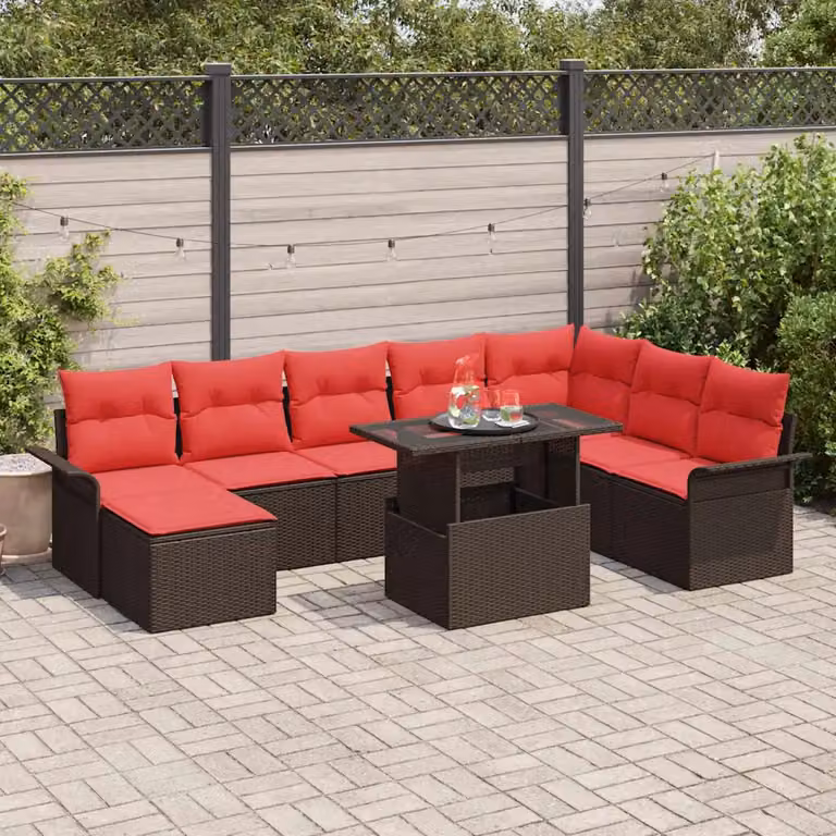 Set Divano da Giardino vidaXL 9 pz a Forma a U Marrone con Tavolino e Cuscini in Metallo e Tessuto