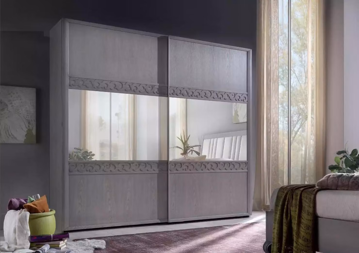 Schwebetüren Schrank Kleiderschrank mit Spiegel Holz Luxus Modernes