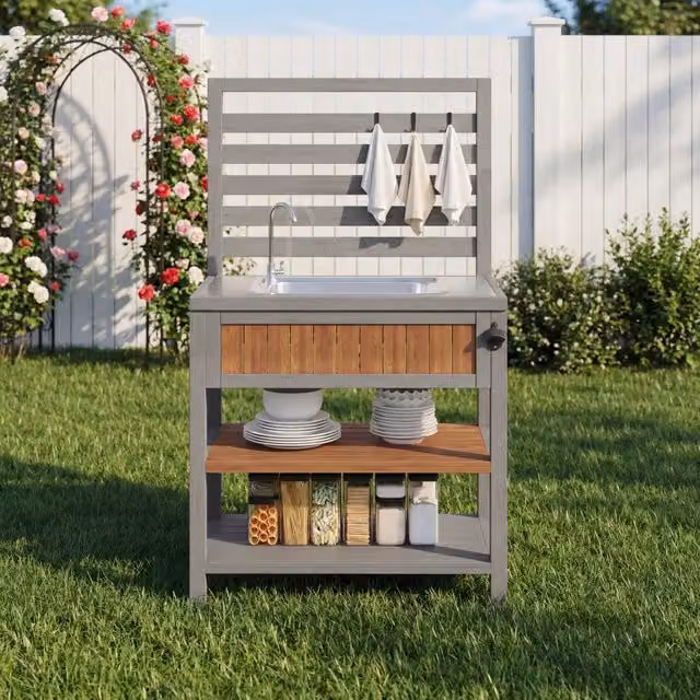 Armadio da giardino multifunzione con lavello rubinetto e apribottiglie in legno massello naturale 80 × 51 × 148,5 cm