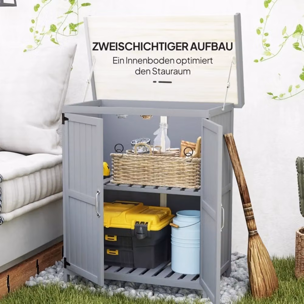 Armadio da giardino OKWISH in legno di abete e acciaio inox grigio con piano di lavoro e tetto apribile L: 74 cm, P: 43 cm, H: 88 cm – 2