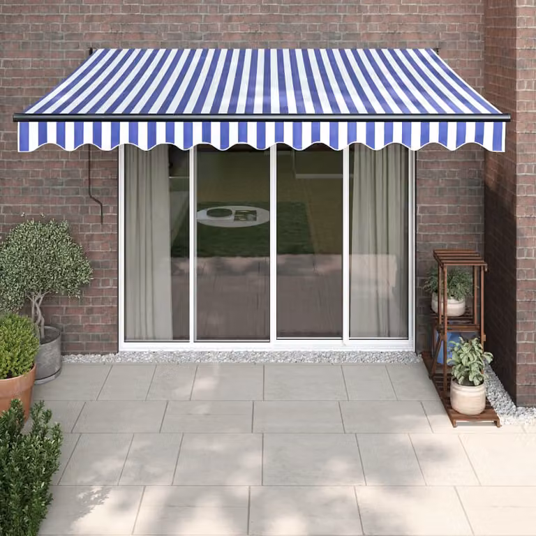 Tenda da sole retrattile vidaXL con bracci pieghevoli in alluminio e tessuto in poliestere, Blu e Bianca, L: 350 cm, P: 250 cm