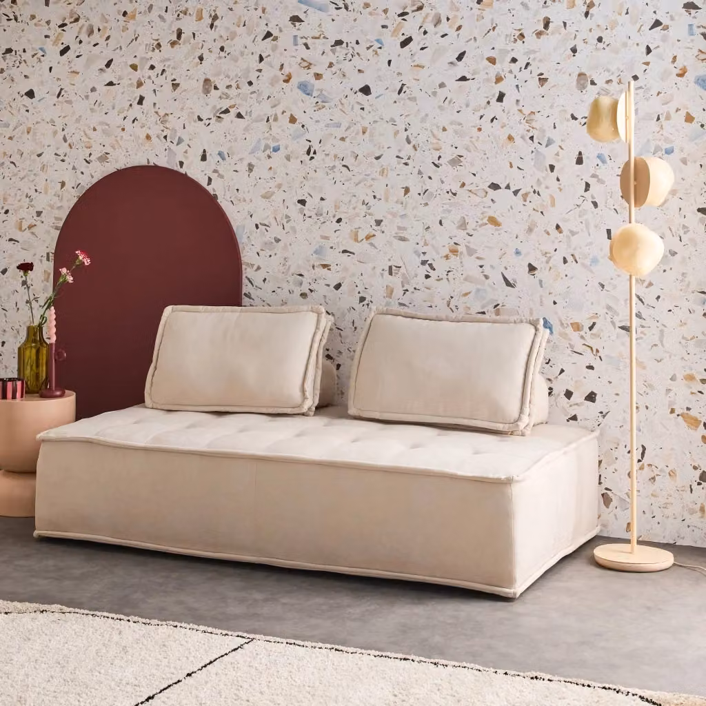 Divano modulare Sweeek in tessuto beige e grigio con cuscini inclusi, L: 180 cm, P: 90 cm, H: 78 cm – 2