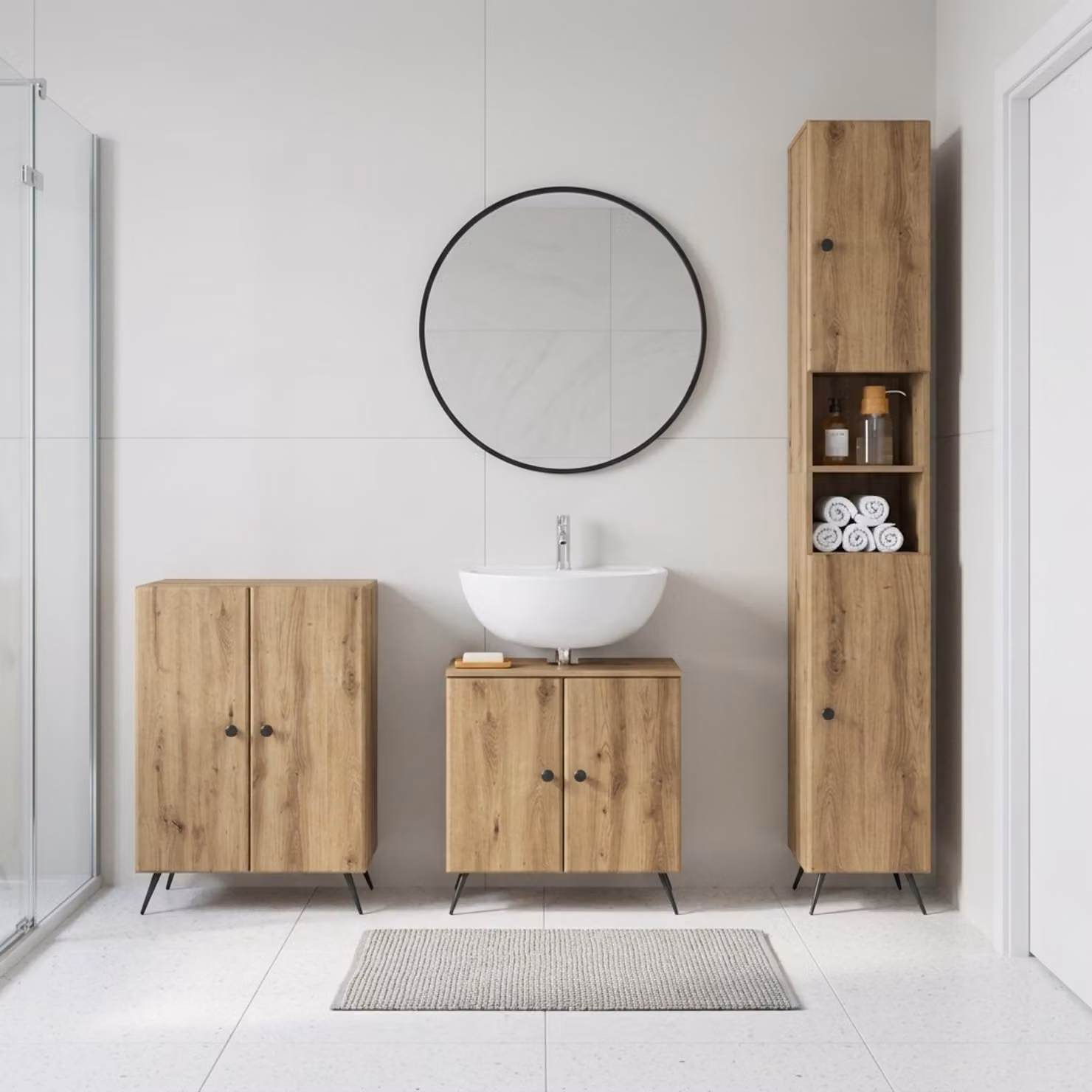 Set di armadietti da bagno moderni vidaXL BREDA in 3 pezzi, Rovere Marrone, con vanità, mobile laterale e pensile