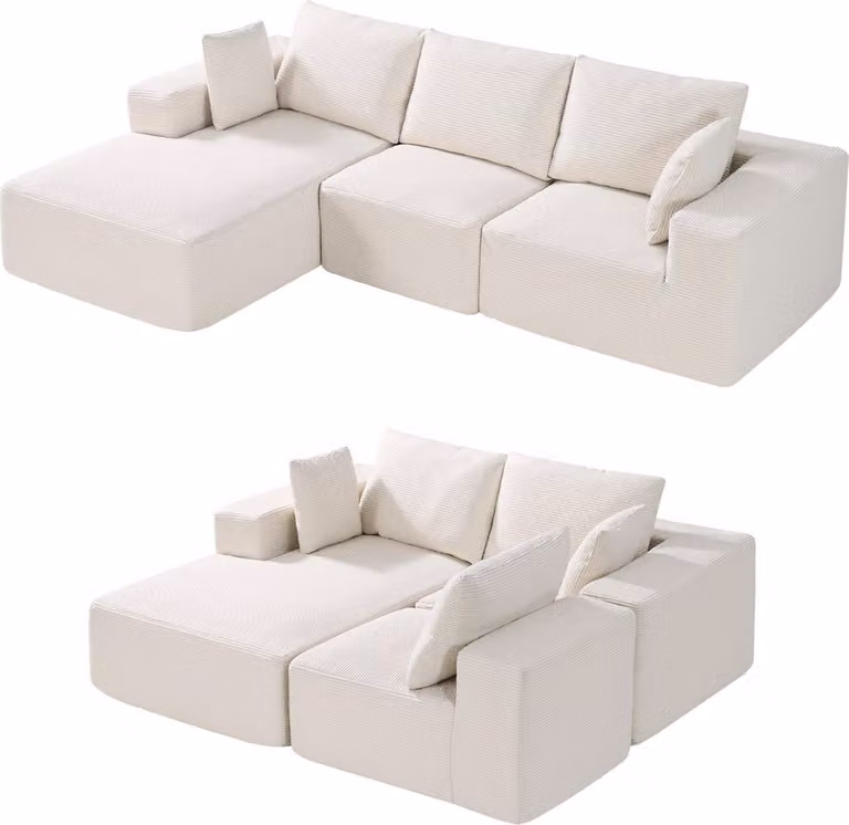 Divano angolare modulare - Divano letto a forma di L - Rivestimento in velluto a coste - Schiuma ad alta densità ed elasticità - Lunghezza 265 cm - Portata massima 545 kg - Con cuscini - Beige