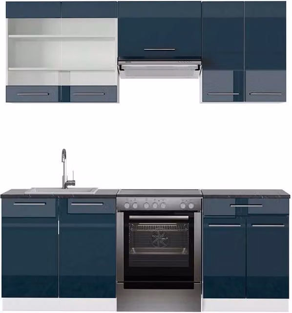 Mobili da cucina Vicco Fame-Line moderni in MDF e metallo, colore blu scuro lucido e bianco con base antracite, L: 200 cm