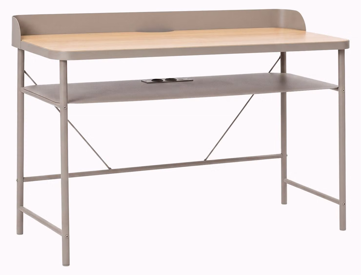 Hariyang - Scrivania da Ufficio 120x82,5x50 cm in Metallo con Prese USB Ripiano in Multistrato Rovere Tortora