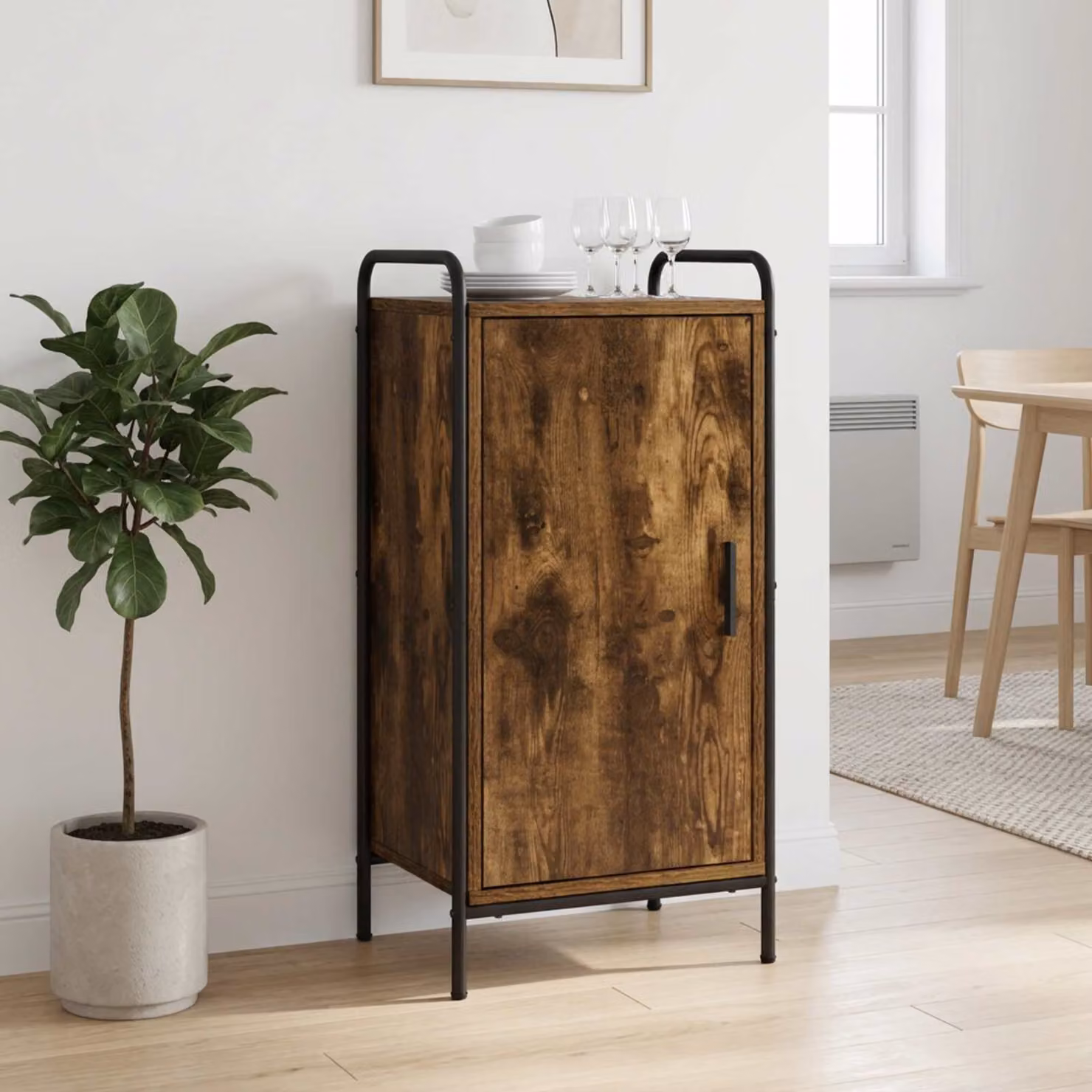 Credenza moderna vidaXL in legno ingegnerizzato e metallo, colore rovere fumo, L: 97 cm, P: 33 cm, H: 81 cm