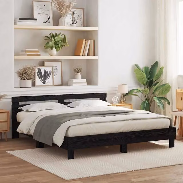 Struttura letto moderna vidaXL in legno Rovere e Nero con strisce LED e porte USB, L/P: 200 x 200 cm – 1