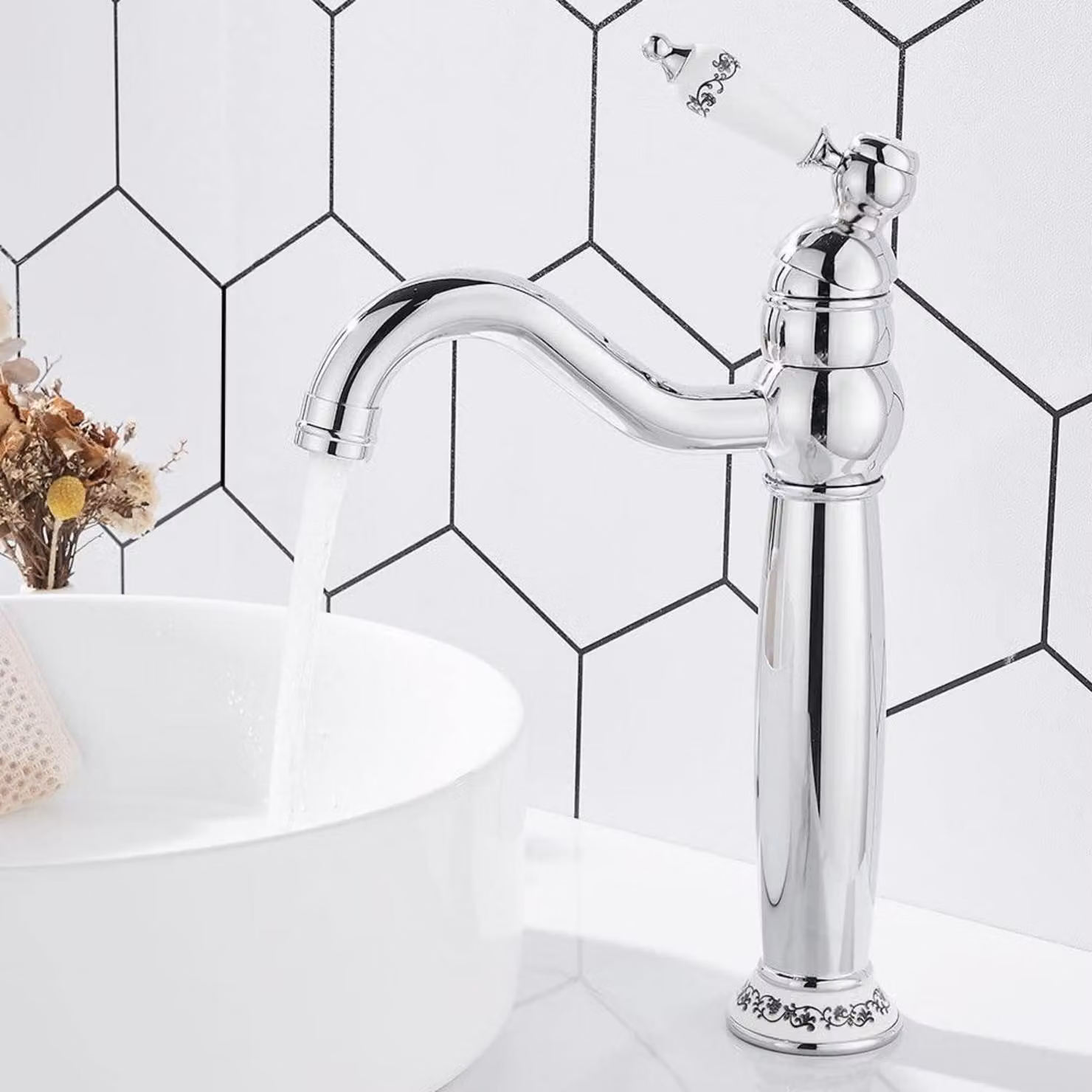 Miscelatore per lavabo, rubinetto alto, stile vintage, cromato, girevole a 360°, in ottone