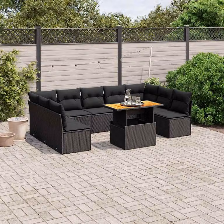 vidaXL Set Divani da Giardino a L in Polyrattan Nero con Cuscini e Tavolino da Esterno
