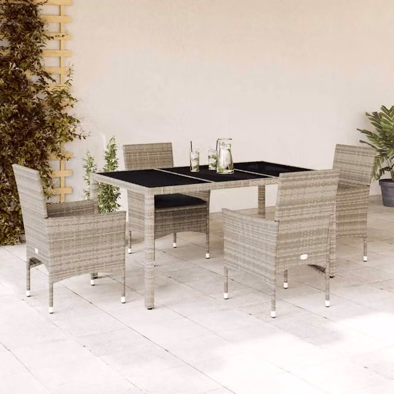 Set Pranzo da Giardino vidaXL in Polyrattan Grigio con Tavolo in Vetro e 5 Sedute con Cuscini