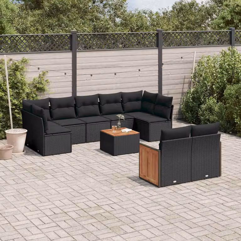 Set di Divani da Giardino vidaXL 10 Pezzi in Polyrattan Nero con Cuscini e Tavolino da Esterno a Forma di L