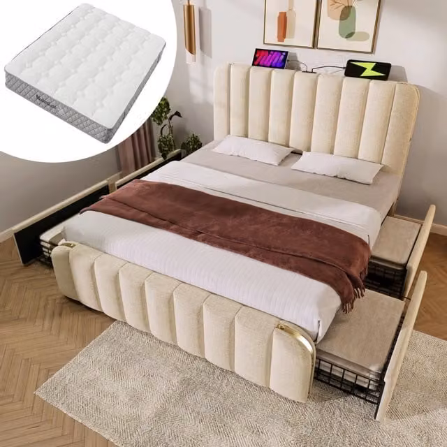 Letto matrimoniale imbottito 160x200 cm in lino beige con 4 cassetti; USB e materasso