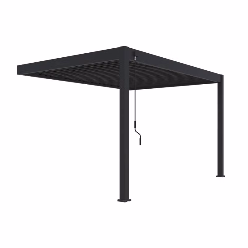 Pergola bioclimatica addossata Ombréa VS colore antracite con tenda coordinata L: 4 m, P: 3 m, H: 2,57 m – 2