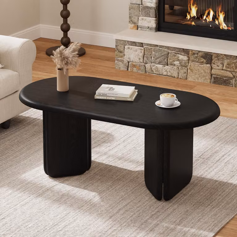 Tavolino ovale "okwish" con finitura effetto noce, tavolino da divano con gambe distintive, tavolino moderno, colore nero