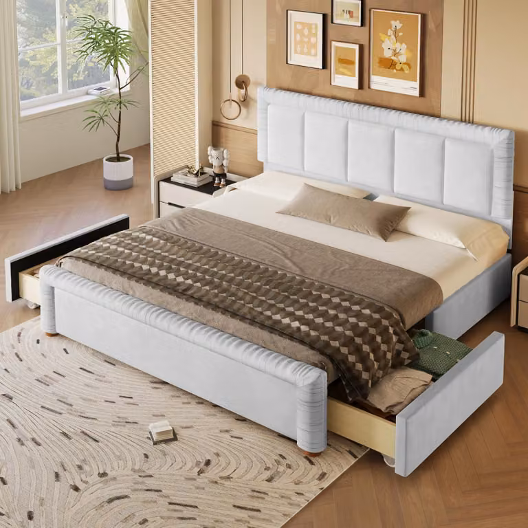 Letto imbottito okwish 180x200 con 2 cassetti, montabile a sinistra o a destra, letto matrimoniale con spazio contenitore, letto per ragazzi grigio, senza materasso