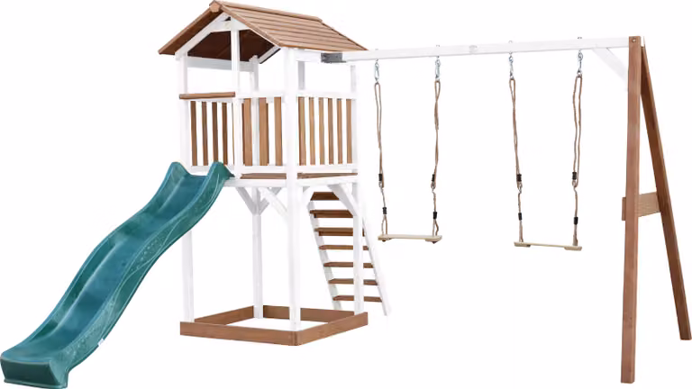 AXI Beach Tower parco giochi in legno in marrone e bianco | Torre di gioco con sabbiera, doppia altalena e scivolo verde | Casa per bambini su palafitte per il giardino