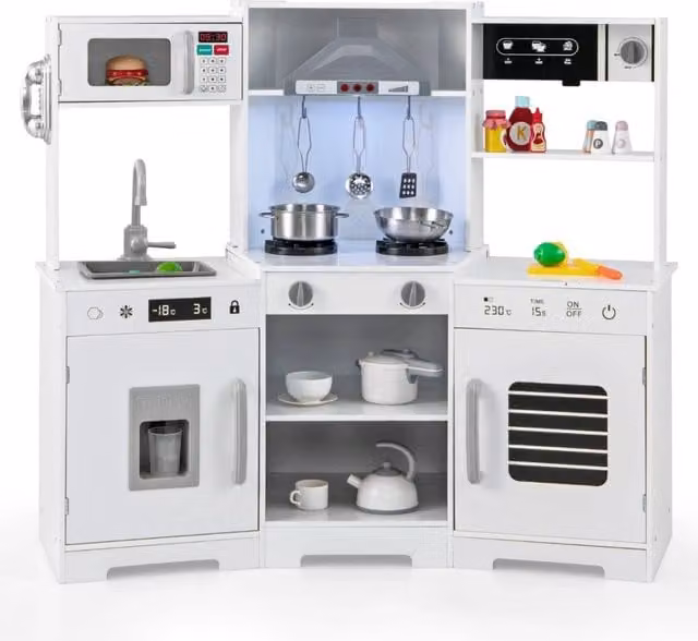 Set di giocattoli in legno per cucina da gioco per bambini dai 3 anni in su con cappa, macchina del ghiaccio, lavello e rubinetto, colore bianco – 1