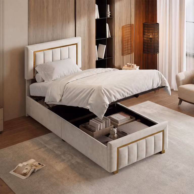 Letto imbottito REMZETTA, 90x200 cm, singola, con cassettiera sollevabile idraulica, rivestito in velluto, con rete a doghe, testiera, colore beige, senza materasso