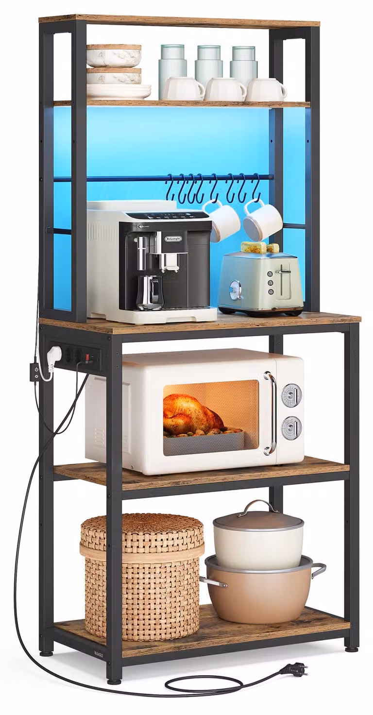 VASAGLE: scaffale da cucina con illuminazione a LED, scaffale autoportante con prese di corrente