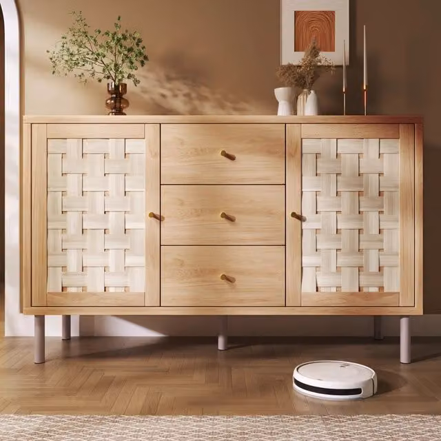 Credenza 120x40x75 cm con 2 ante e 3 cassetti; ripiani regolabili; MDF effetto rovere e metallo