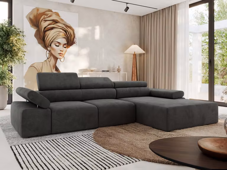 MKS MEBLE Divano ad L RILASSO con funzione relax e poggiatesta regolabili - Grigio scuro vellutato - Versione destra