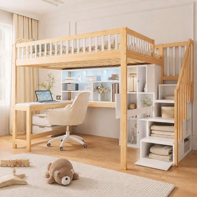 Letto a soppalco 140x200 cm bianco e naturale con LED, scrivania, ripiani e scala contenitore
