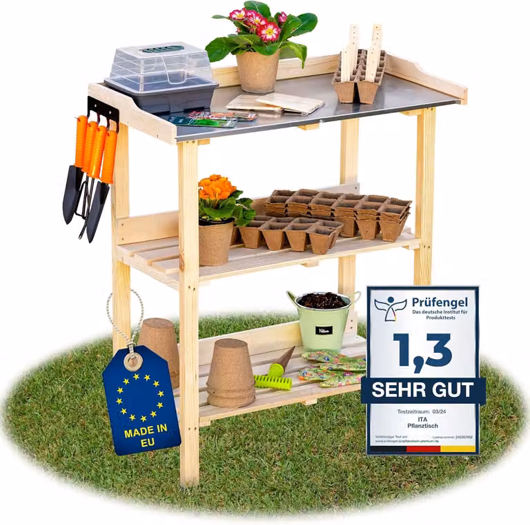 Tavolo da lavoro in legno con piano zincato, dimensioni 76x38x89 cm, ideale per giardino e balcone