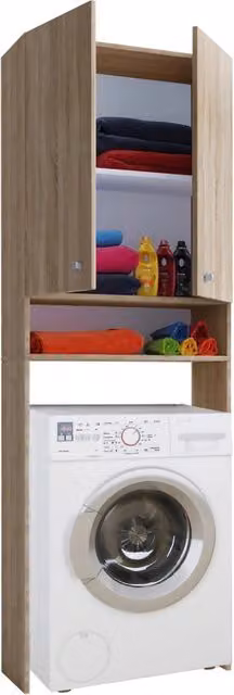 Ezooza Mobile Coprilavatrice con Ripiani e Ante, Soluzione Salvaspazio per Bagno e Lavanderia, Marrone, H182 x L64 x P27 cm