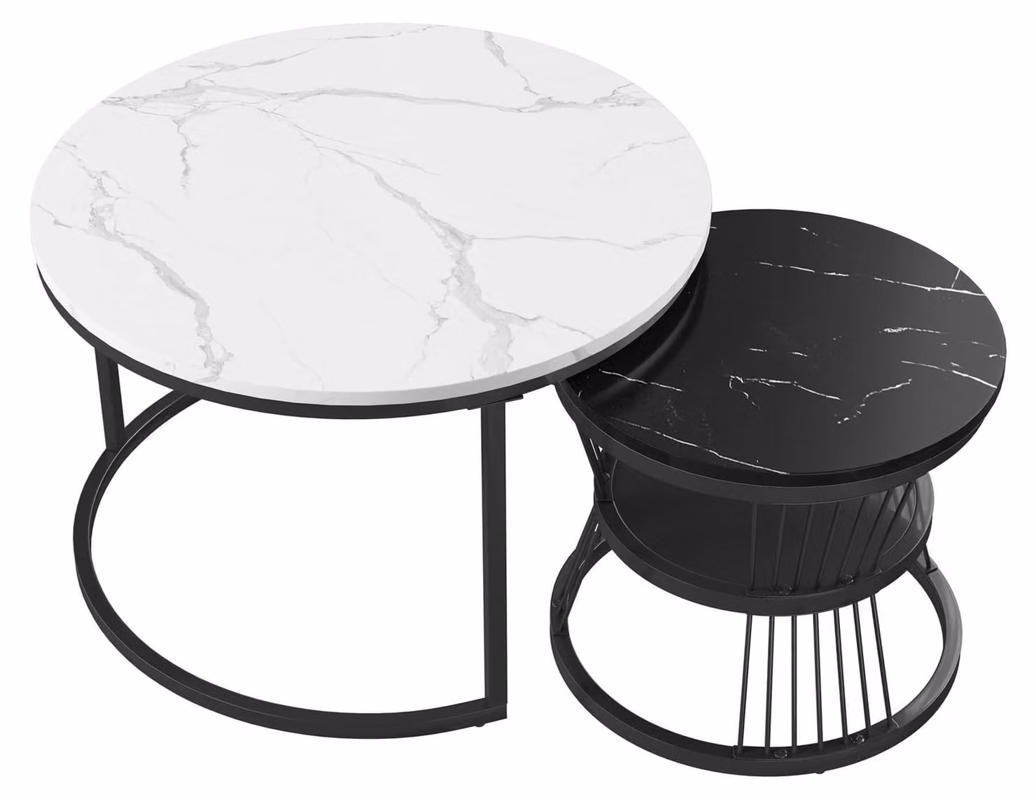 Set di 2 tavolini da salotto rotondi - Piano in marmo con struttura in metallo - Colore nero e bianco