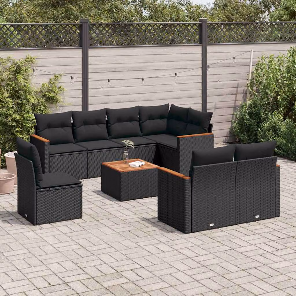 vidaXL Set Divani da Giardino a L 9 pz con Tavolino e Cuscini Neri in Polyrattan e Acciaio – 1