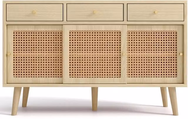 Credenza in MDF con 3 cassetti e 3 ante scorrevoli in rattan, gambe in legno massello, maniglie in metallo dorato, finitura rovere 120x40x78 cm