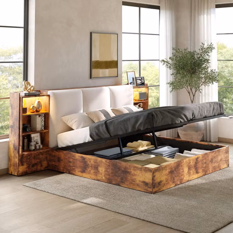Letto matrimoniale MODFU 180x200, imbottito con testiera imbottita, letto multifunzione con LED e 6 vani contenitori, letto con sistema di sollevamento idraulico e spazio contenitivo, senza materasso, colore marrone