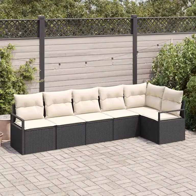 Set di divani da giardino vidaXL a forma di L composto da 6 pezzi, colore nero e beige, con struttura in metallo e rattan e cuscini inclusi