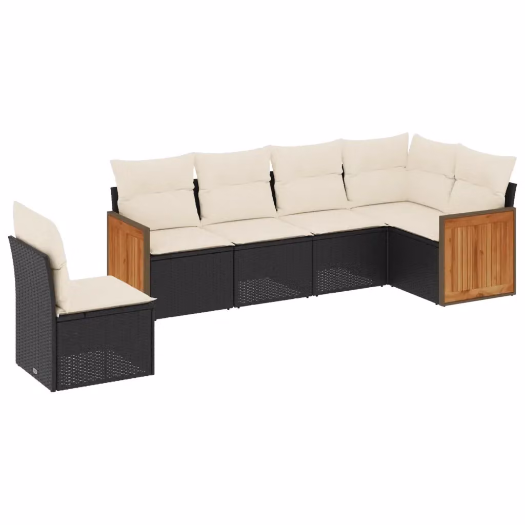 vidaXL Set Divano da Giardino a L in Polyrattan e Legno di Acacia con Cuscini, 6 Pezzi, Nero e Bianco – 2